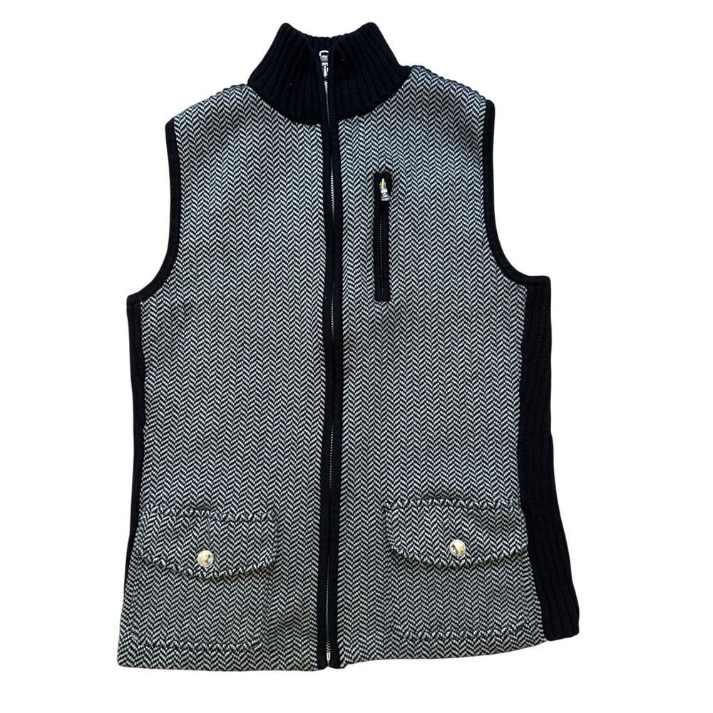 Lauren Ralph Lauren Sweater Vest Womens Black Herringbone Zip Pockets‎ SIZE PM